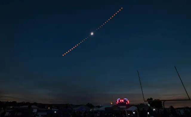 A handout photo made available by Nasa shows a composite image showing the progression of a total solar eclipse over Madras, Oregon, USA, 21 August 2017.