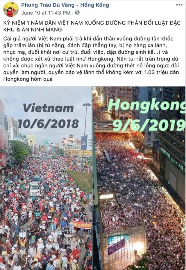 Cuộc biểu tình ở Hong Kong khiến nhiều người nhớ đến kiện biểu tình chống luật Đặc khu ở Việt Nam ngày 10/6/2018