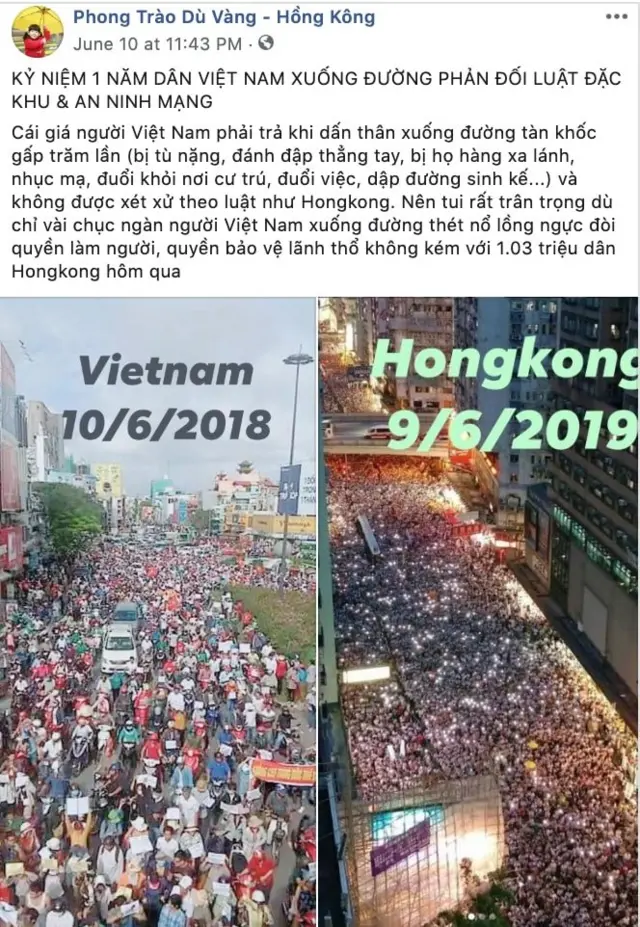Cuộc biểu tình ở Hong Kong khiến nhiều người nhớ đến kiện biểu tình chống luật Đặc khu ở Việt Nam ngày 10/6/2018