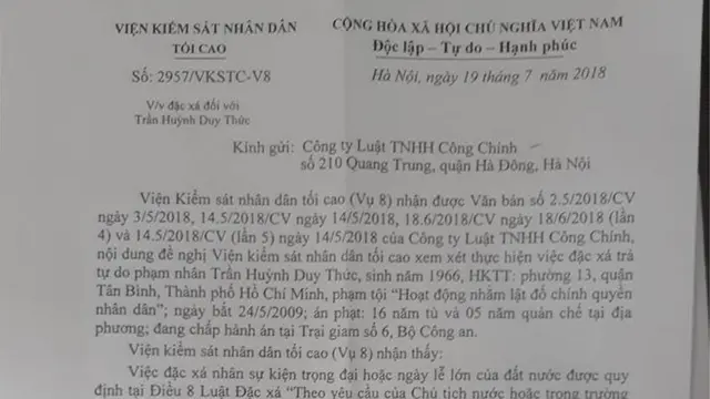 Văn bản phúc đáp của VKS Nhân dân Tối cao hôm 19/7