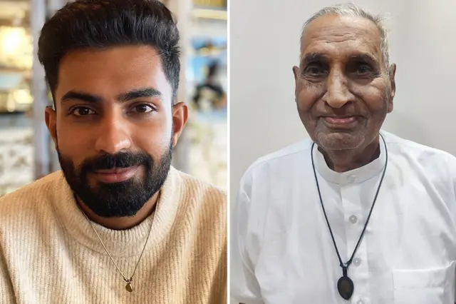 ஸ்பர்ஷ் மற்றும் இஷார் கூழாங்கற்களால் ஆன நெக்லஸை அணிந்துள்ளனர்