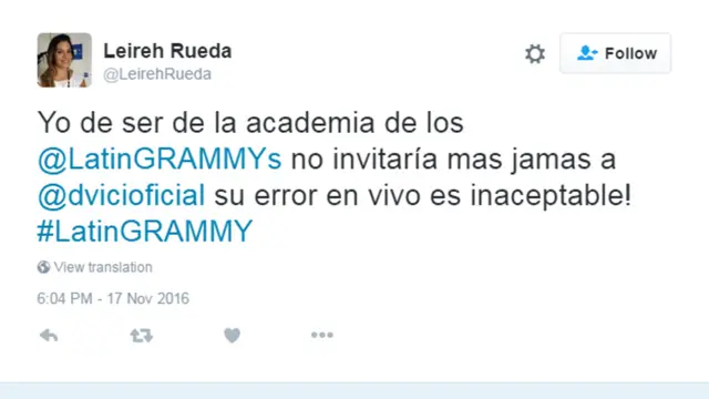 Comentario en Twitter: "Yo de ser la academia de los Latin Grammy no invitaría mas jamás a DVicio su error en vivo es inaceptable".