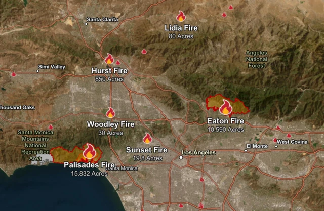 Imagen de la localización de los incendios facilitada por el gobierno de California.