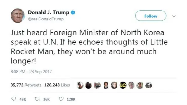 નોર્થ કોરિયાના લીડરના યુ.એનમાં ભાષણ મામલે પ્રતિક્રિયા આપતું ટ્રમ્પનું ટ્વિટ