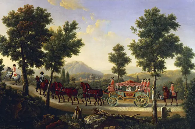Carroza de la duquesa de Orleans, 1818, pintado por Pierre Joseph Petit (1768-1825), Francia.