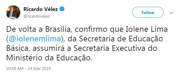 TuíteRicardo Vélez anuncia nomeIolene