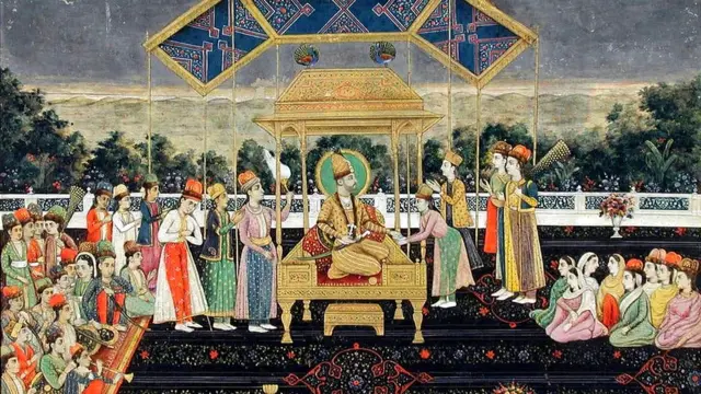 Nader Sah en el Trono del Pavo real, rodeado de sus séquitos, después de llevárselo de Delhi.