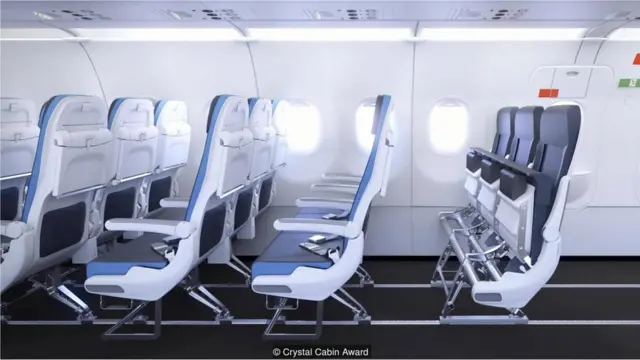 Ilustración asientos de un avión sobre raíles.