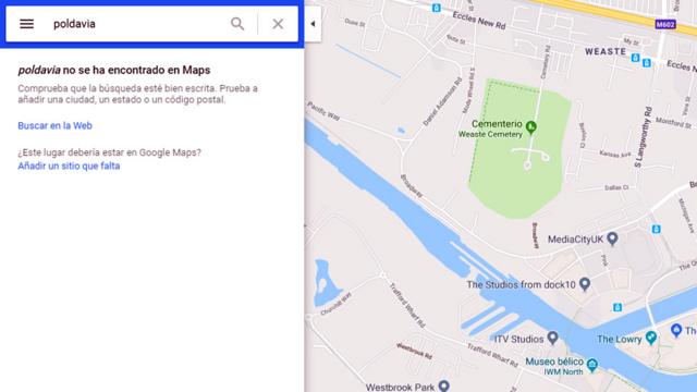 Mapa de Google indicando que no encuentra Poldavia.