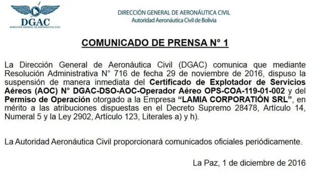 La autoridad aeronáutica de Bolivia suspendió la licencia de operación a la aerolínea Lamia.