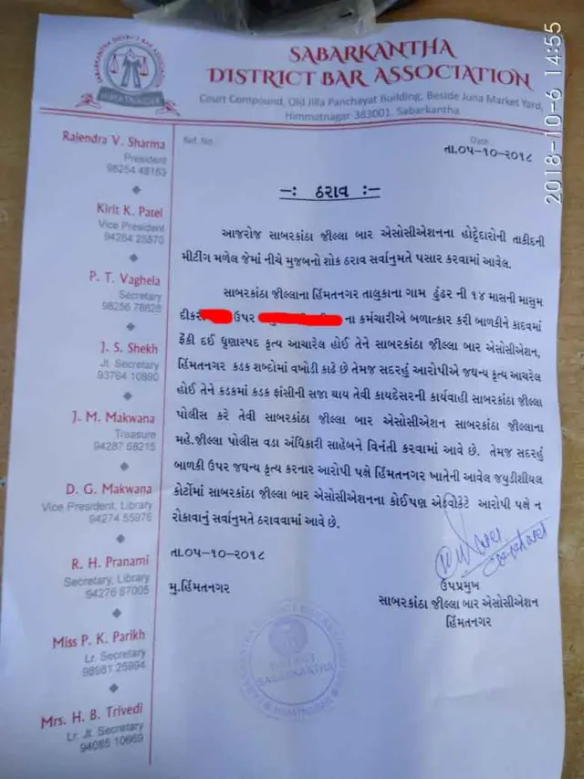 સાંબરકાંઠા બાર ઍસોસિયેશને આરોપીની કેસ નહીં લડવા જાહેરાત કરી તેની તસવીર