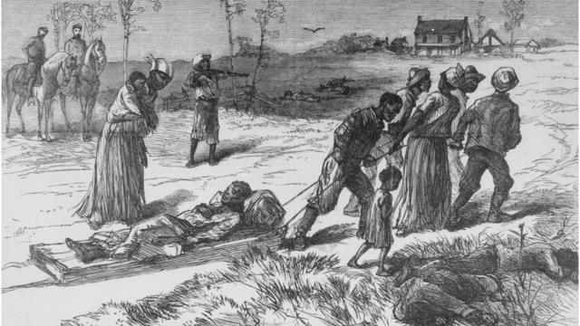 Ilustração em preto e branco do transporte de vítimas de um ataque racista em Luisiana em 1873.