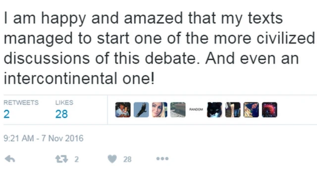 Franklin escribió en Twitter: "Estoy feliz de que mi texto diera pie a una de las discusiones más civilizadas de este debate. ¡Y hasta fue intercontinental!".