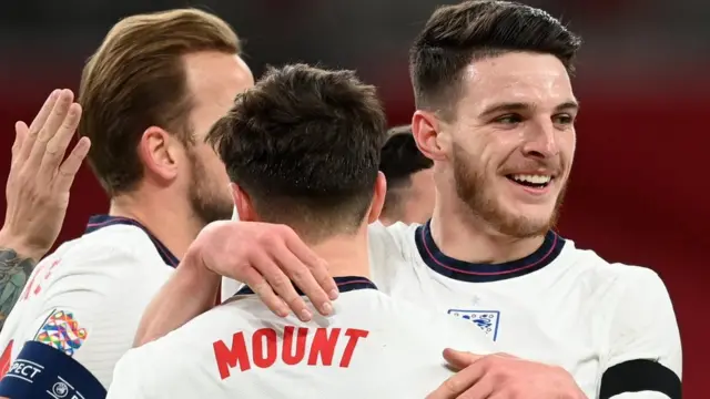 Declan Rice (right) celebrates an England goal against Iceland in a Nations League game at Wembley