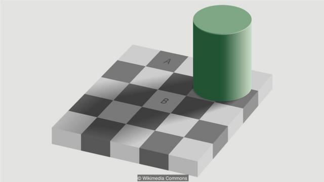 方块A和方块B的颜色完全相同——然而我们的大脑却不这样想(Credit: Wikimedia Commons)