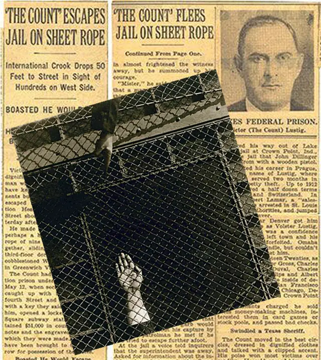 Recortes de periódicos relatando su escape y una foto con manos de detectives mostrando por dónde se escapó.