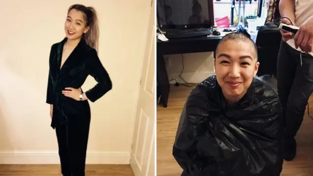 Montagem com duas fotossite de aposta esportiva que da bonusKelly Cheung, uma com e outra sem cabelo