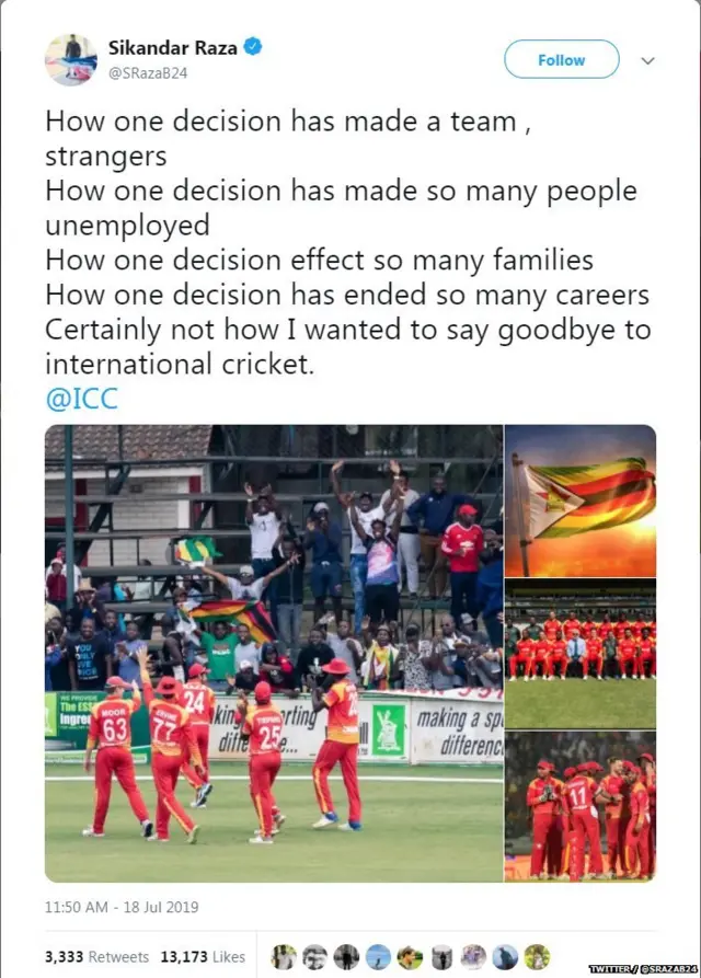 मला आंतरराष्ट्रीय क्रिकेटला नक्कीच असं अलविदा नव्हतं करायचं, असं झिम्बाब्वेच्या क्रिकेटर सिकंदर रझाने ट्वीट करून म्हटलं आहे.