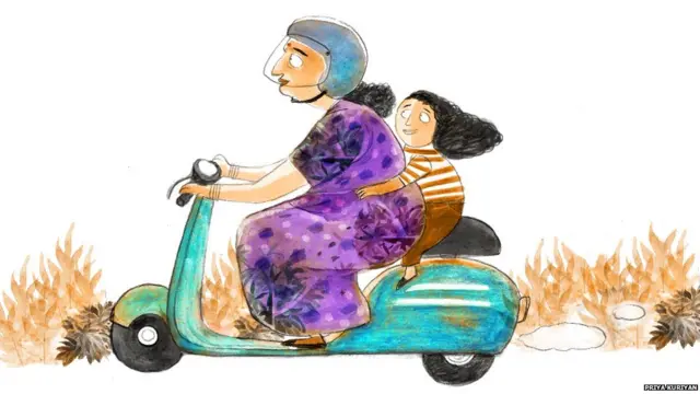 Woman in nightie riding a scooter with her child