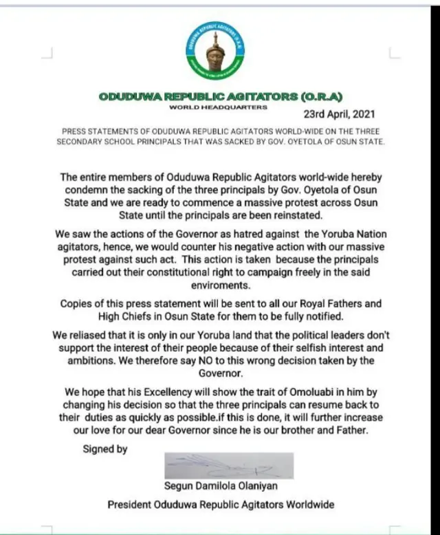 Ọrọ ti ẹgbẹ Oduduwa Republic Agitators kọ soju opo Facebook rẹ