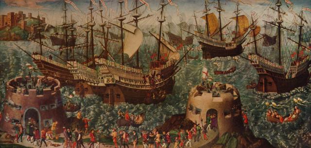 El embarque en Dover. Enrique VIII y su flota zarparon de Dover a Calais el 31 de mayo de 1520 en camino para encontrarse con Francisco I en el Campo del paño de oro. Pintura de "Aventuras por el mar del arte de los viejos tiempos", por Basil Lubbock.