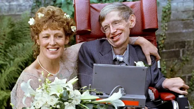 Stephen Hawking and his new bride Elaine Mason pose for pictures after the blessing of their wedding at St. Barnabus Church September 16, 1995