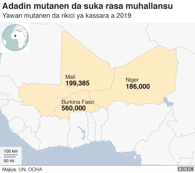 Map showing number of displaced people