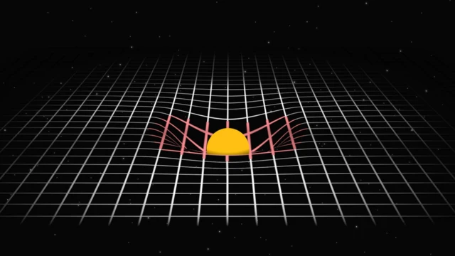 Representação da curvatura que o Sol causa no espaço-tempo