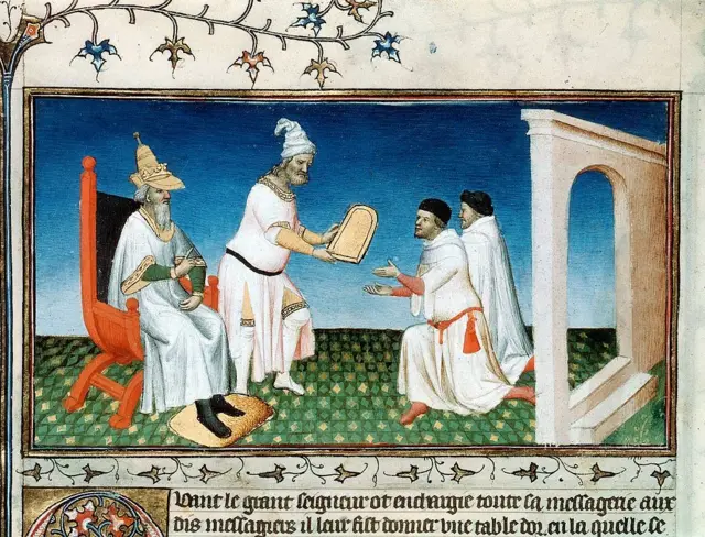 Kublai Khan entregándole a los Polos su pasaporte.