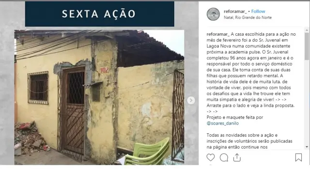 Imagem mostra post no Instagram com casa reformada por projeto voluntário