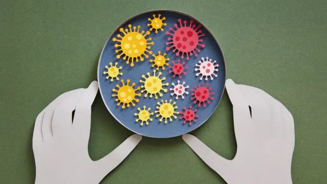 Ilustración de una placa de Petri con coronavirus