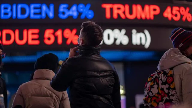 People gather in Times Square as they await election results on November 3, 2020 in New York City