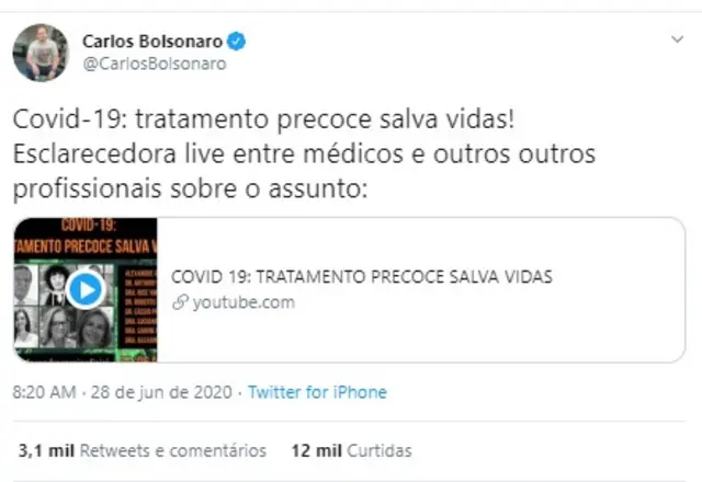 Tweetsites de aposta gratisCarlos Bolsonaro elogiando a live