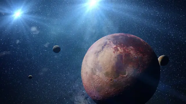 3D space illustration build using elements by NASA, of a beautiful exoplanet with exo-moons, orbiting an alien binary star system