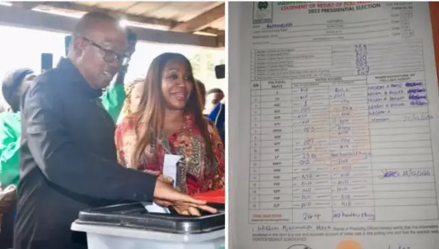 Peter Obi àti ìyàwó rẹ̀ lásìkò tí wọ́n ń dìbò pẹ̀lú àwòrán èsì ìbò rẹ̀