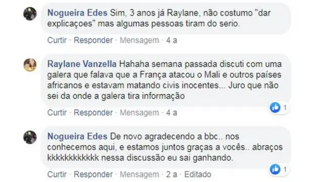 Fragmento de los comentarios que compartieron Edes y Raylane en Facebook.