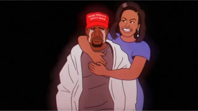 울고 있는 칸예 웨스트를 감싸 안는 미셸 오바마