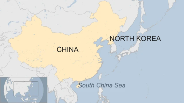 A map showing China, North Korea and the South China Sea