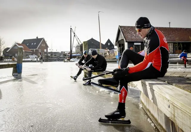 Henk Angenent (R) tries to ride the Elfstedentocht again, 14 February 2020 in the Friesland province, the Netherlands. The winner of the last edition in 1997 rides the tour on his own, an organised 200-kilometre skating tour along the 11 Frisian towns is out of the question with all the corona restrictions at the moment.