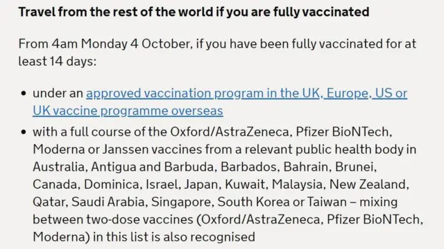 ব্রিটেন যে সব দেশের টিকা কর্মসূচীকে স্বীকৃতি দিচ্ছে তার তালিকা