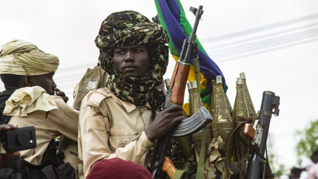 Sudan Liberation Movement fighters at a ceremony where Minni Minawi is appointed governor of Darfur, in el-Fasher, Sudan - Wednesday 8 August 2021