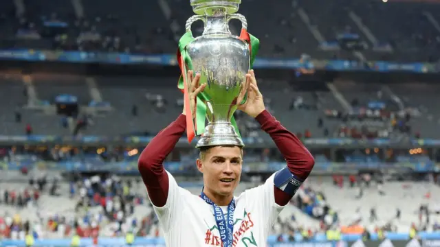 Ronaldo holding european championship trophy
