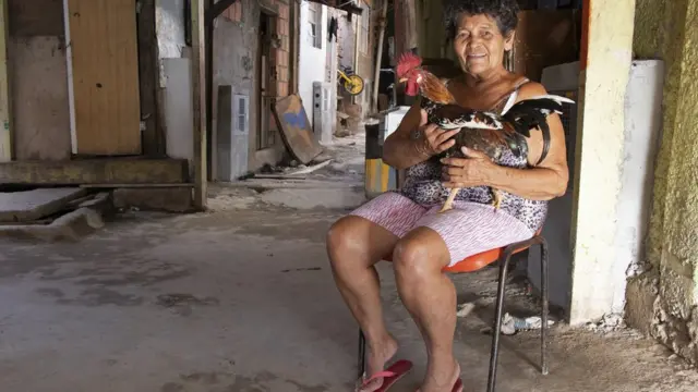 Josefa Flor da Silva, a Dona Zefa, sentadalas vegas cassinosuma cadeira, com um galo no colo e a favela ao fundo