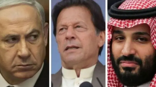 বিনইয়ামিন নেতানিয়াহু (বামে), ইমরান খান (মাঝে) এবং যুবরাজ মোহামেদ বিন সালমান (ডানে)