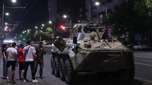 An armoured personnel carrier (APC) is seen on a street of the southern city of Rostov-on-Don, Russia June 24, 2023. REUTERS/Stringer