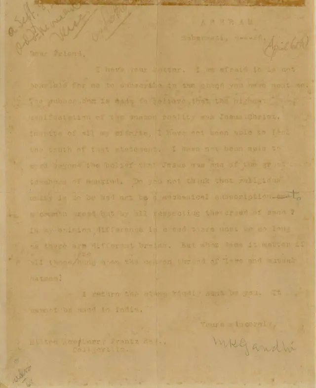 મહાત્મા ગાંધીએ લખેલા પત્રની તસવીર