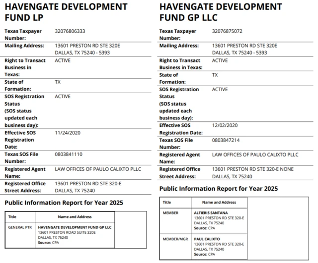 Os registros do fundo Havengate Development Fund LP e da empresa Havengate Development Fund GP LLC no site do Controlador de Contas Públicas do Texas