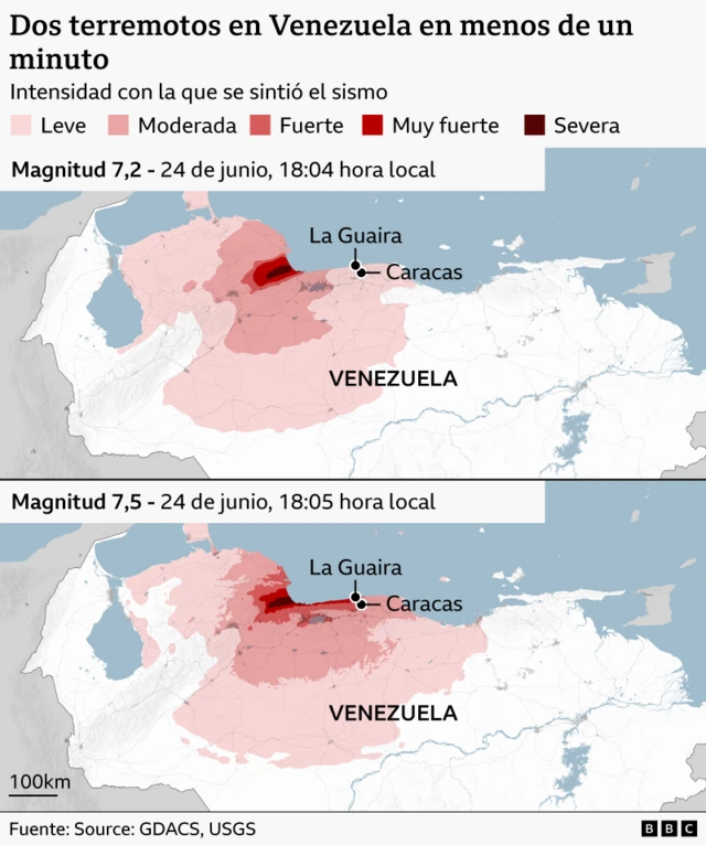 Mapa que muestra la intensidad con que se sintieron los sismos