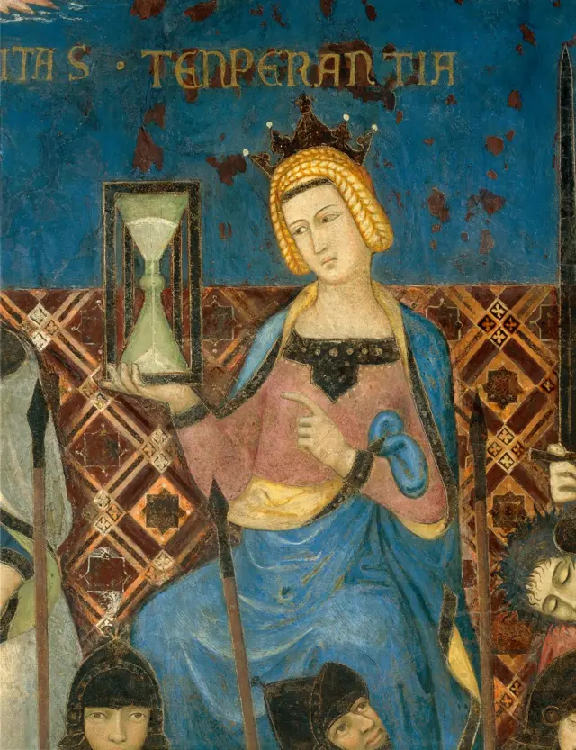 Detalle del fresco que muestra una figura con capa azul y con un reloj de arena en una mano.