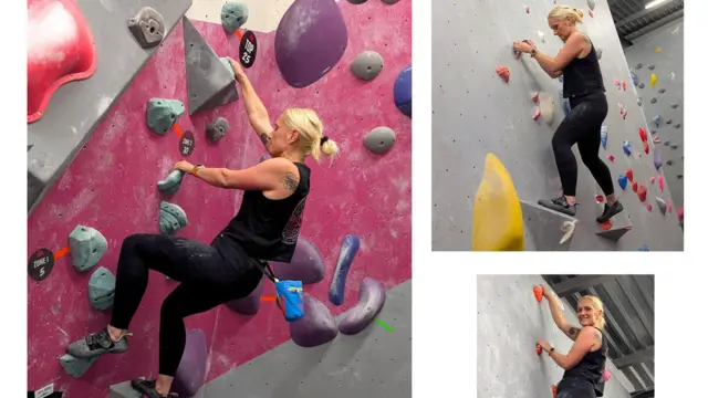 三张相片显示，凯蒂·曼塞尔在攀岩墙上攀岩